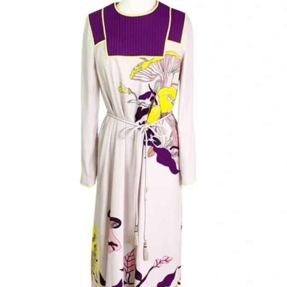 Tory burch mushroom Party Trapunto Floral Print Retro Glam Dress Tassel Belt 4 - Picture 13 of 16